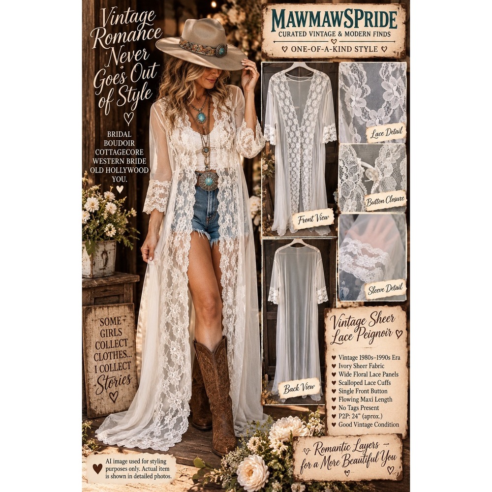 Vintage Ivory White Sheer Lace Peignoir Maxi Robe Bridal Cottagecore 80s 90s